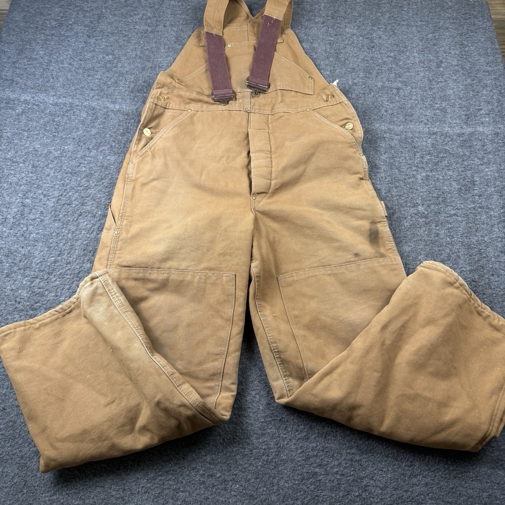 VTG Carhartt Bib Overalls Mens 34x30 Brown Double Knee Quilt Insulated Made USA